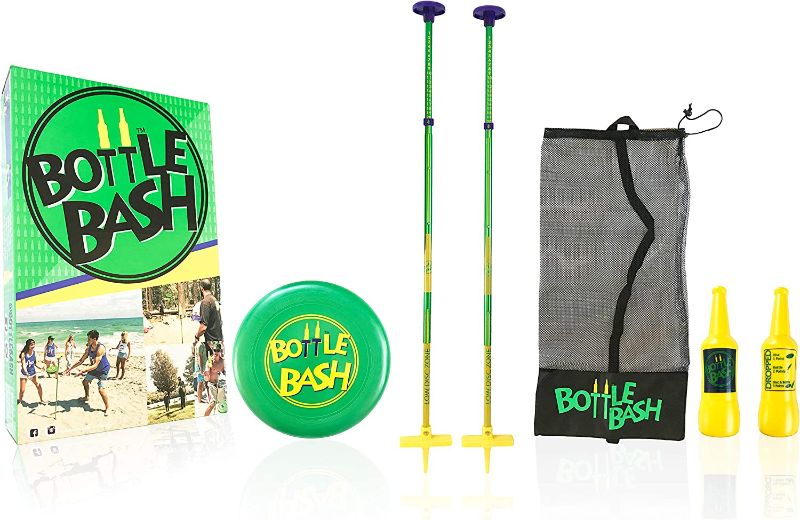 Photo 1 of Bottle Bash Outdoor Flying Disc Game Set – Disc Toss Game for Family, Adult & Kids, Backyard and Beach Game - Frisbee Target Lawn Game with Poles & Bottles (Beersbee & Polish Horseshoes)
