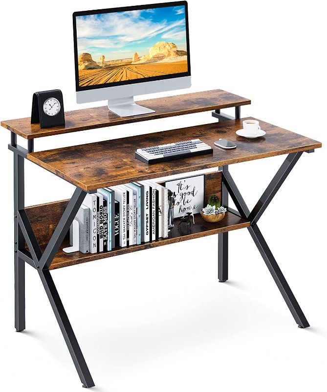 Photo 1 of ODK Small Computer Desk, 27.5" Desk for Small Spaces with Storage, Compact Table with Monitor & Storage Shelves for Home Office, Modern Style Laptop Desk, Rustic Brown