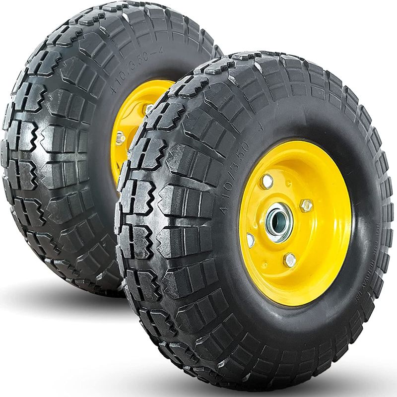 Photo 1 of 4.10/3.50-4 tire and Wheel,10" Flat Free Solid Tire Wheel with 5/8" Bearings,2.1" Offset Hub,for Gorilla Cart,Garden Carts,Dolly,Trolley,Dump Cart,Hand Truck/Wheelbarrow/Garden Wagon(2-Pack)
