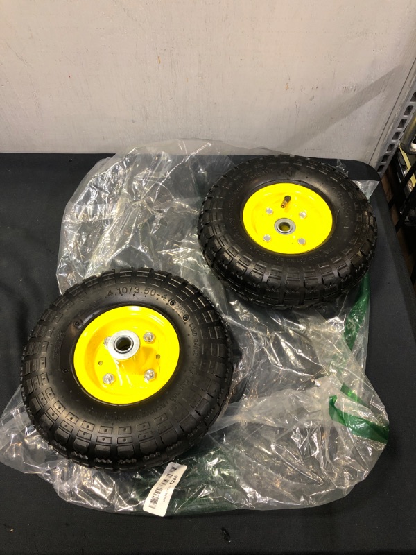 Photo 2 of 4.10/3.50-4 tire and Wheel,10" Flat Free Solid Tire Wheel with 5/8" Bearings,2.1" Offset Hub,for Gorilla Cart,Garden Carts,Dolly,Trolley,Dump Cart,Hand Truck/Wheelbarrow/Garden Wagon(2-Pack)
