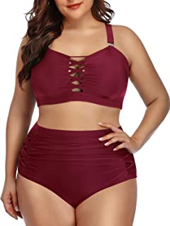 Photo 1 of Daci Women Plus Size Two Piece Bikini Swimsuit High Waisted Bottom Ruched Lace Up Bathing Suit SIZE 15
