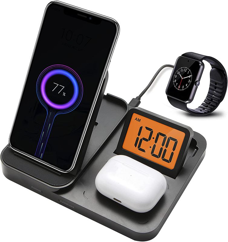 Photo 1 of Wireless Charging Station for Multiple Devices Apple, Alarm Clock and Orange Backlight, 15W Qi Fast Charger for Apple Watch and AirPods Compatible with all iPhone series/Google Pixel/Samsung Galaxy - missing charging cord 
