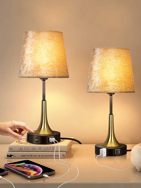 Photo 1 of Bedside Lamp with USB Port Table Lamps Touch Control Velvet Shade Nightstand Lamps for Bedrooms, Table Lamp for Bedroom Living Room Office (Gold-02)
