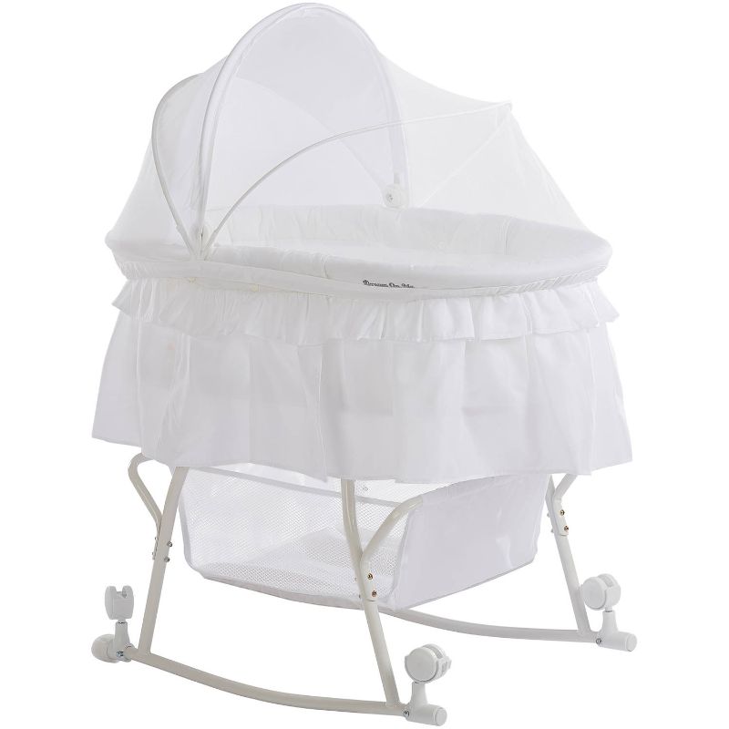 Photo 1 of Dream On Me Lacy Portable 2-in-1 Bassinet & Cradle in White, Lightweight Baby Bassinet with Storage Basket