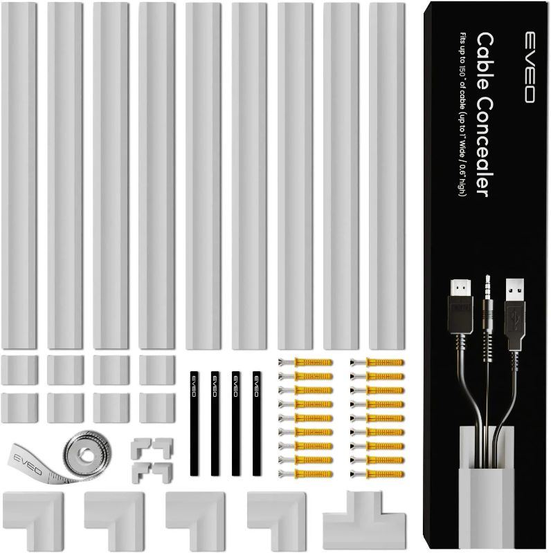 Photo 1 of 153” Cable Concealer - Cord Cover Wall - Paintable Cord Hider , Wire hiders for TV on Wall - Cable Management Cord Hider Wall Including Connectors & Adhesive Strips Cable Raceway - Grey https://a.co/d/3a9td6S