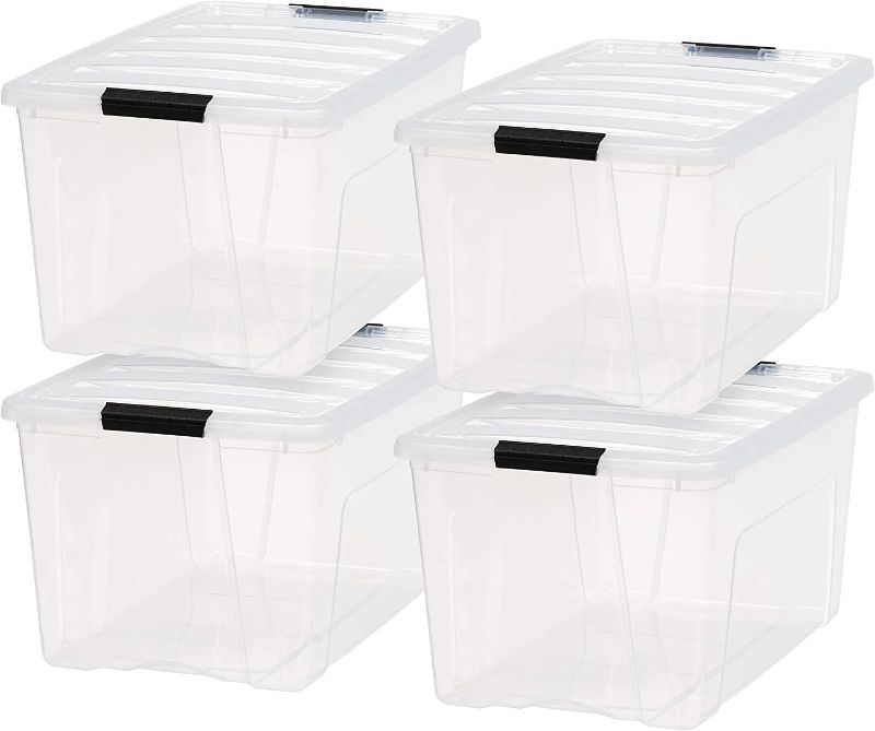 Photo 1 of  IRIS USA 72 Qt. Plastic Storage Bin Tote Organizing Container with Durable Lid and Secure Latching Buckles, Stackable and Nestable, 4 Pack, clear with Black Buckle 