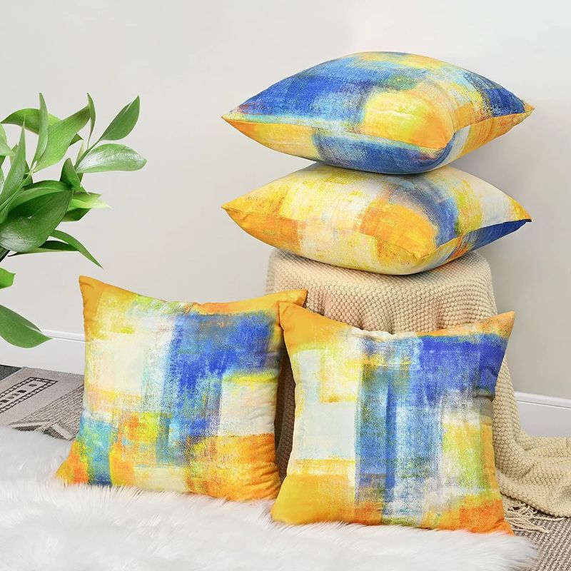 Photo 1 of Yastouay Throw Pillow Covers, Yellow Blue Orange Decorative Pillow Cover, Abstract Art Painting Pillow Cases, Modern Accent Cushion Cover for Sofa Couch Bed Chair, Set of 4, 20 x 20 Inches