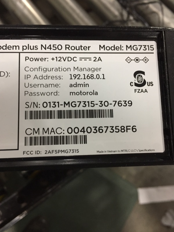 Photo 3 of Motorola MG7315 Modem WiFi Router Combo | DOCSIS 3.0 Cable Modem + N450 Single Band Wi-Fi Gigabit Router | 343 Mbps Max Speeds | Approved by Cox and Spectrum