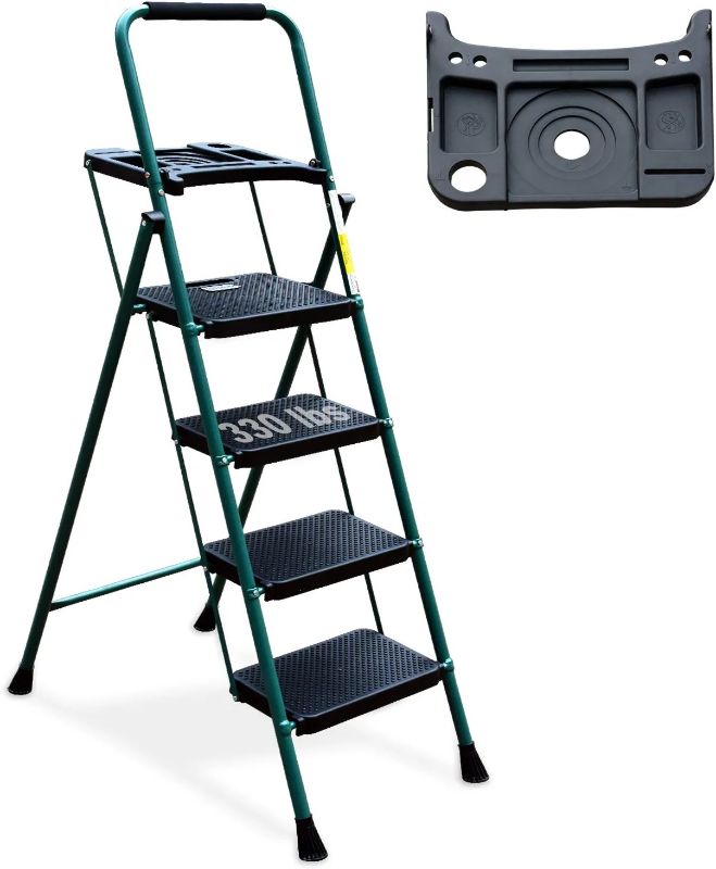 Photo 1 of 4 Step Ladder, HBTower Folding Step Stool with Tool Platform, Wide Anti-Slip Pedal, Sturdy Steel Ladder, Convenient Handgrip, Lightweight 330lbs Portable Steel Step Stool, Green and Black