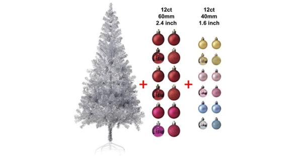 Photo 1 of  Wellwood 6 Ft Silver Tinsel Christmas Tree with 24ct Assorted Ornament Set and Metal Stand Easy Assembly 