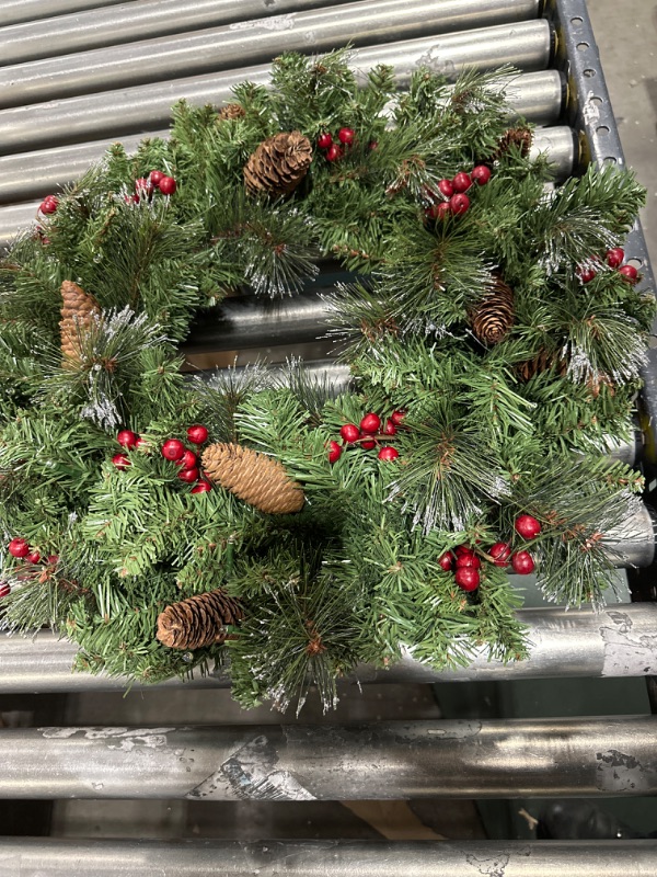 Photo 2 of National Tree Company Pre-Lit Artificial Christmas Wreath, Green, Crestwood Spruce, White Lights, Decorated with Pine Cones, Berry Clusters, Frosted Branches, Christmas Collection, 24 Inches Crestwood Spruce - 24 inch Battery Operated Wreath