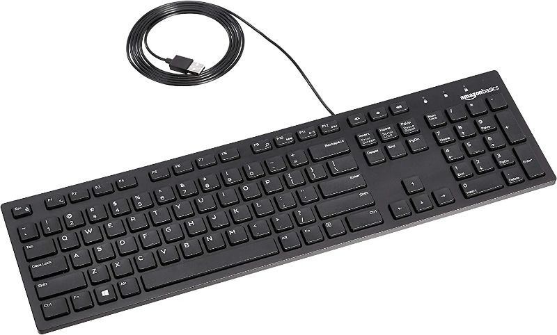 Photo 1 of Amazon Basics Low-Profile Wired USB Keyboard with US Layout (QWERTY), Matte Black