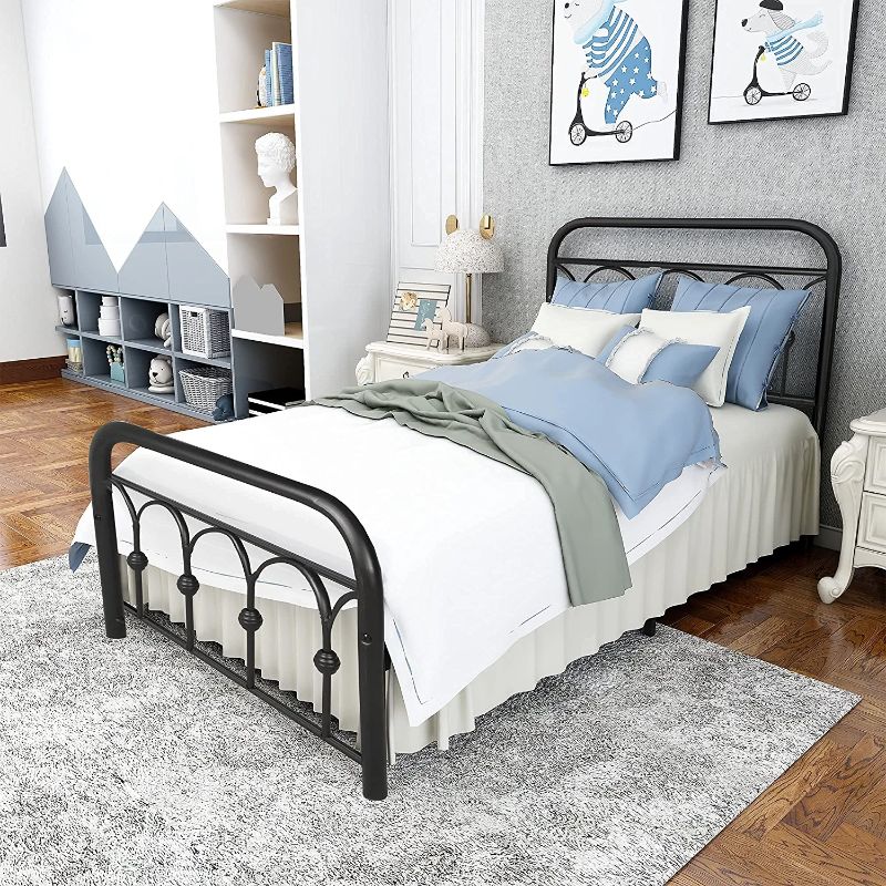 Photo 1 of Albearing Twin Size Metal Bed Frame with Headboard and Footboard Platform Steel Slat Support (Twin, Black)

