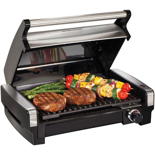 Photo 1 of Hamilton Beach Electric Indoor Searing Grill with Adjustable Temperature Control to 450F, Removable Nonstick Grate, 118 sq. in. Surface Serves 6, Stainless Steel
