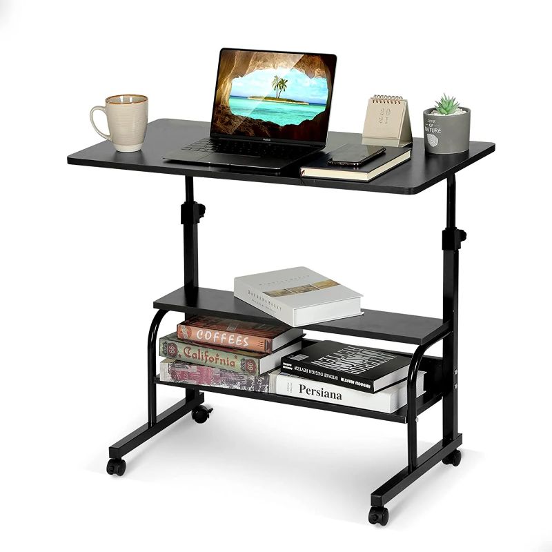 Photo 1 of Adjustable Desk Standing Desk Small Desks for Small Spaces Portable Laptop Computer Desk Table for Bedrooms Couch Desk for Home Office Table Mobile Rolling Desk on Wheels 31.5" Brown Desk with Storage
