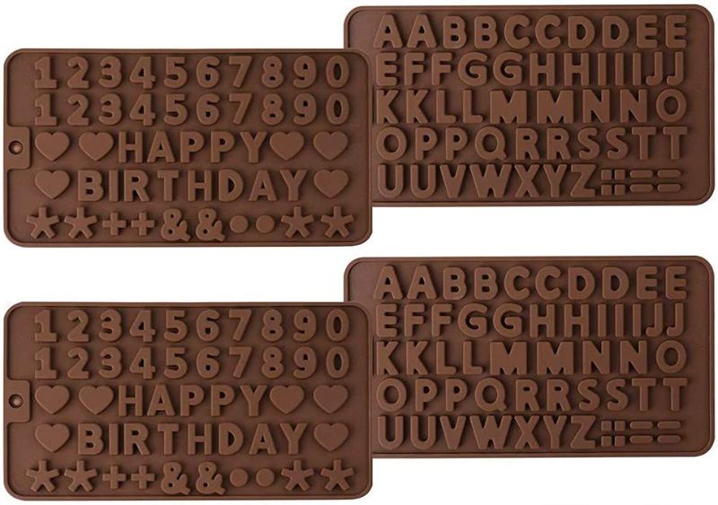 Photo 1 of 4 Pack Silicone Numbers Alphabets Trays Molds - Silicone Letter Mold Happy Birthday Numbers Symbols Mold for Cake, Candy Chocolate Decorating Silicone Tray (Silicone, 4 Pack X2)
