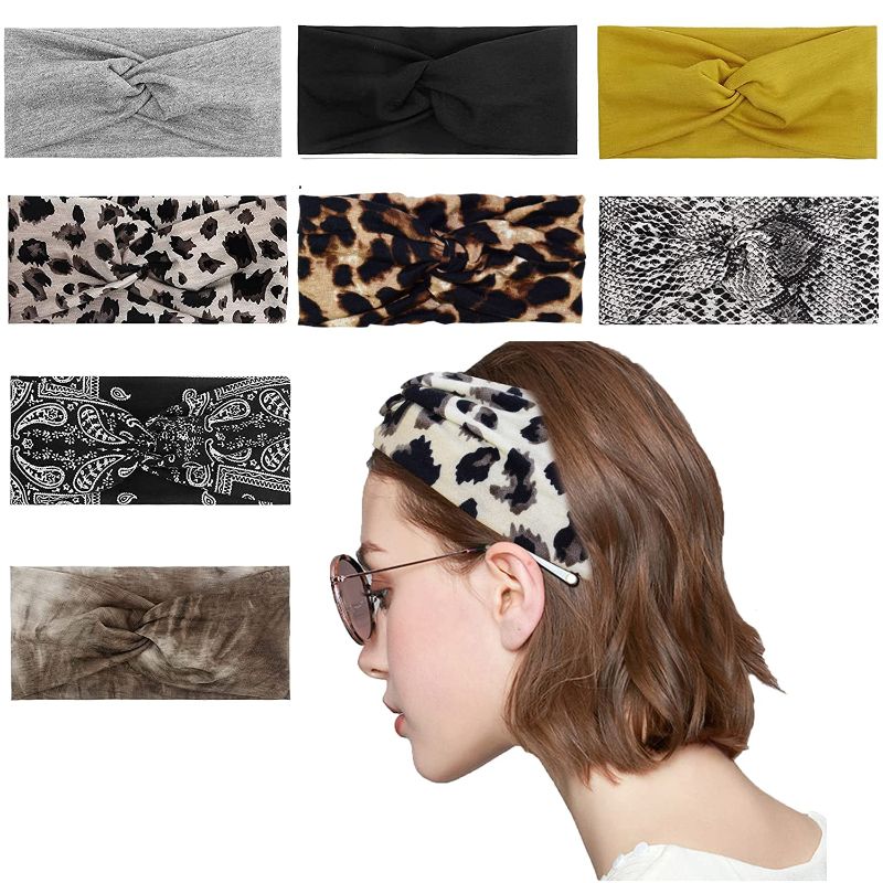 Photo 1 of DKAF 8 Pcs Headbands for Women, Leopard Print Boho Non Slip Sweat Yoga Elastic Hair Bands Head Wrap Accessories for Workout Running Sport
