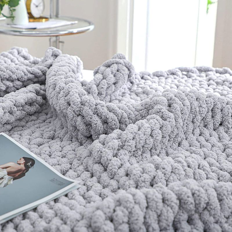 Photo 1 of Chunky Knit Blanket Throw 50x60, Soft Chenille Yarn Giant Knitted Throw Blanket, Big Knit Blankets Chunky, Thick Cable Knit Throw, Large Rope Knot Crochet Throw Blankets for Couch Bed Sofa(Light Grey)
