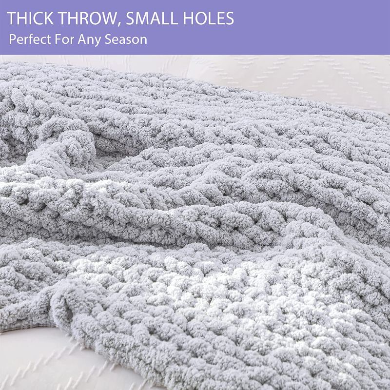 Photo 2 of Chunky Knit Blanket Throw 50x60, Soft Chenille Yarn Giant Knitted Throw Blanket, Big Knit Blankets Chunky, Thick Cable Knit Throw, Large Rope Knot Crochet Throw Blankets for Couch Bed Sofa(Light Grey)
