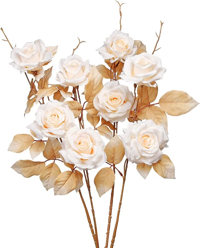 Photo 1 of Artificial Flowers Roses Fake Flowers Silk Flowers Real Looking with Stems for DIY Wedding Bouquets Centerpieces Arrangements Party Home Decorations and Outdoors (4pcs White)