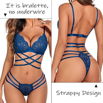 Photo 1 of ADOME Women Lace Lingerie Set 2 Pieces Bralette Bra and Panty Strappy Lingerie Set Mesh Underwear Negligee, SIZE XL