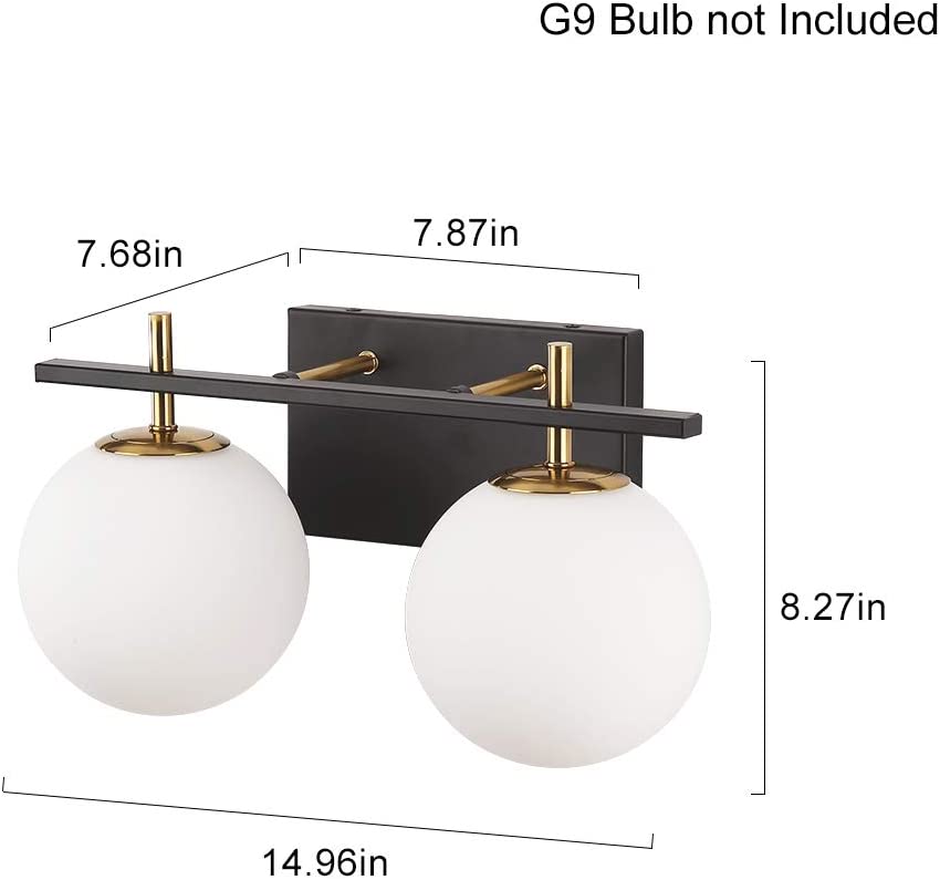 Photo 3 of 2-Light Bathroom Vanity Light, Modern Wall Sconce Bathroom Lighting Over Mirror, Matte Black Finish, Milk White Glass Shade, G9 Lamp Base