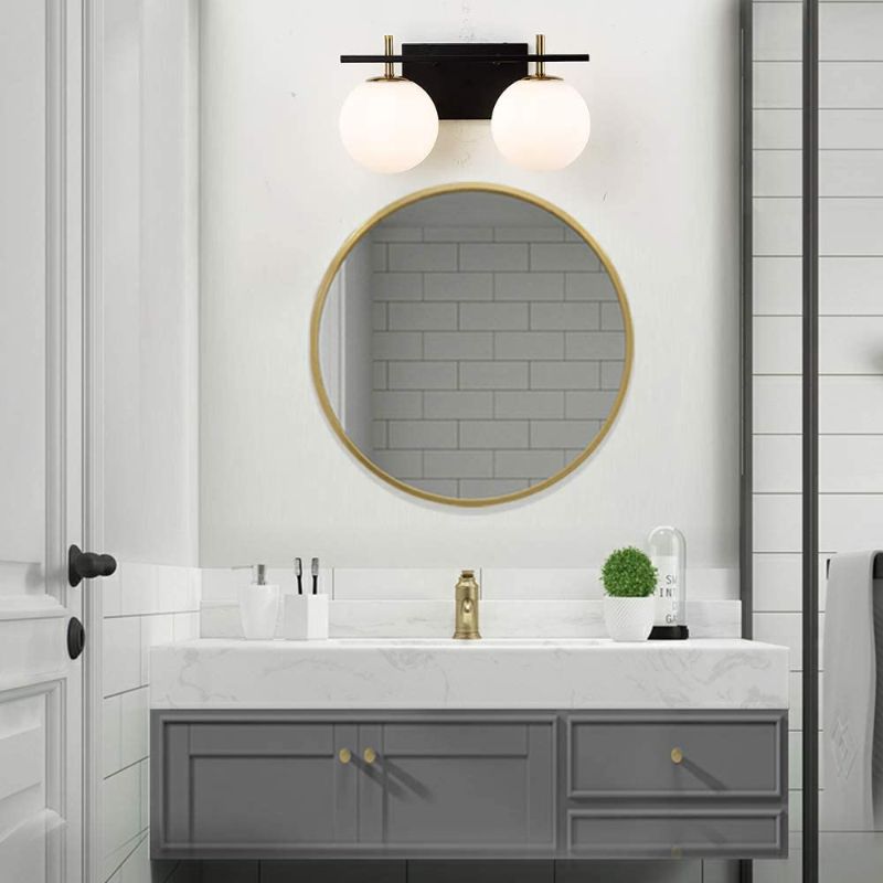 Photo 4 of 2-Light Bathroom Vanity Light, Modern Wall Sconce Bathroom Lighting Over Mirror, Matte Black Finish, Milk White Glass Shade, G9 Lamp Base