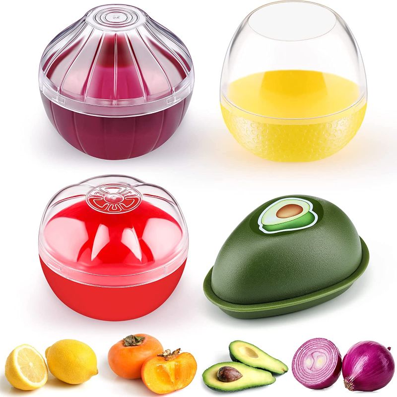 Photo 1 of 4 Pieces Silicone Fruit and Vegetable Shaped Savers, Storage Containers for Fridge, Avocado Lemon Tomato and Onion Keeper/Saver/Holder, Refrigerator Vegetable Crisper