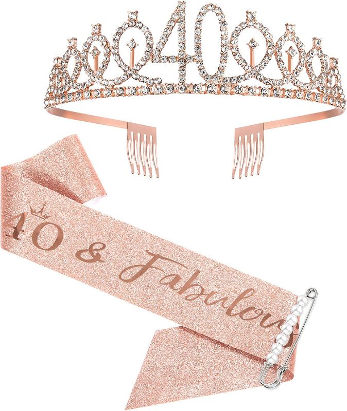 Photo 1 of 40th Birthday Sash and Tiara for Women, Rose Gold Birthday Sash Crown 40 & Fabulous Sash and Tiara for Women, 40th Birthday Gifts for Happy 40th Birthday Party Favor Supplies