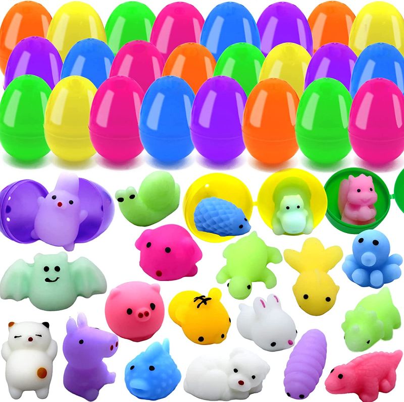 Photo 1 of 24 PCS Plastic Easter Eggs Filled with 24 PCS Mochi Squishy Toys for Kids, Perfect for Easter Egg Hunt Game, Easter Basket Fillers, Easter Party Favor Supplies