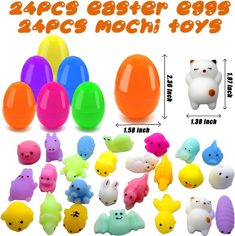 Photo 2 of 24 PCS Plastic Easter Eggs Filled with 24 PCS Mochi Squishy Toys for Kids, Perfect for Easter Egg Hunt Game, Easter Basket Fillers, Easter Party Favor Supplies