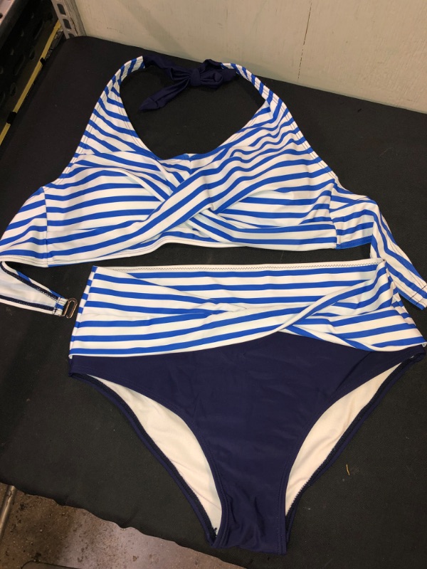 Photo 2 of Yanekop Womens Two Piece High Waisted Swimsuits Push Up Halter Bikini Striped Padded Bathing Suits, SIZE LARGE 