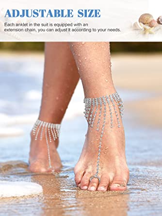 Photo 2 of 12 Pieces Foot Jewelry Barefoot Sandals Foot Chains Crystal Anklet Chain Wedding Beach Foot Jewelry with Toe Ring for Women and Girls (Beautiful)