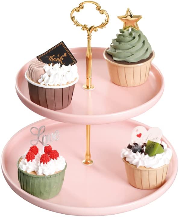 Photo 1 of 2-Tier Ceramic Porcelain Cupcake Stand, Tiered Serving Stand, Dessert Stand,Fruit Candy Display Tower, Serving Tray Platter for Birthday /Tea /Wedding/ Baby Shower/ Buffet Server(Pink 8" x 10")