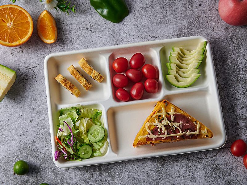 Photo 2 of 100% Compostable 5 Compartment Plates, 100 Pack Compartment Paper Plate, 12.5*8.6 inch Disposable School Lunch Trays, Eco-Friendly Bagasse Plates for School Lunch, Buffet, and Party