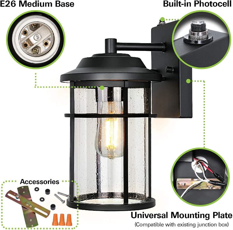 Photo 2 of 2 Pack Large Dusk to Dawn Outdoor Wall Light, Exterior Wall Lantern Wall Mount Lights in Matte Black Fixtures, Anti-rust Wall Sconce with Seeded Glass Shade for Entryway, Porch