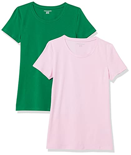 Photo 1 of Amazon Essentials Women's Classic-Fit Short-Sleeve Crewneck T-Shirt, Pack of 2, Green/Light Pink, Large