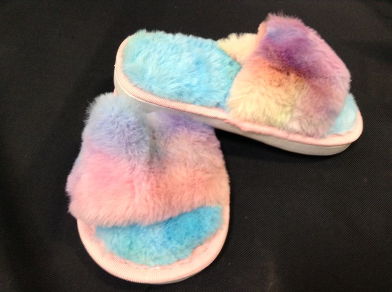 Photo 2 of Boys Girls Fuzzy House Slippers Cute Comfy Faux Fur Slip On Fluffy Plush Open Toe Home Slides for Kids Indoor Outdoor Warm Shoes--Size 22-23