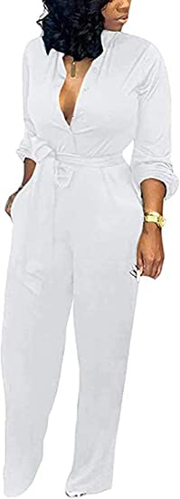 Photo 1 of Aro Lora Women's Deep V Neck Long Sleeve Button Down One Piece Wide Leg Jumpsuit Romper---Size XL