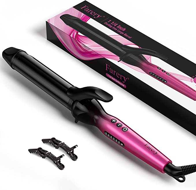 Photo 1 of FARERY 1.25 Inch Curling Iron for Long Hair, Tourmaline Ceramic Clipped Long Barrel 1-1/4 Inch Curling Wand for Long Lasting Curl, Instant Heat & Dual Voltage to Travel, Temp 248? to 430?, Pink