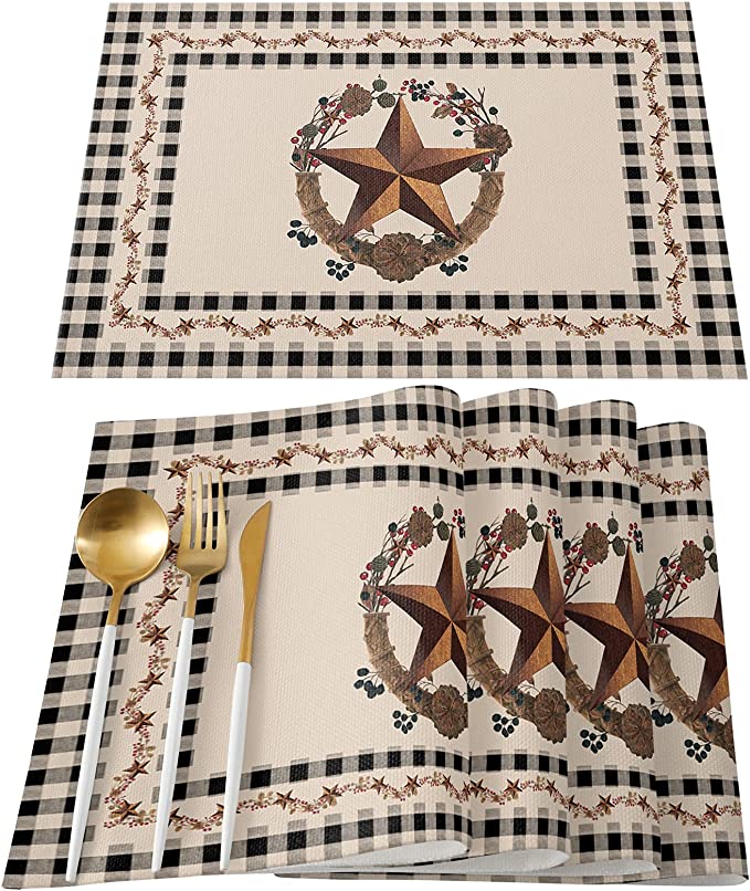 Photo 1 of Country Pentagram Cotton Linen Placemats - Set of 6Table Mats Heat Insulation Non-Slip Place Mat for Kitchen Dining Room Table Decor 13x19inch, Brown Star Wreath Berries Plaid