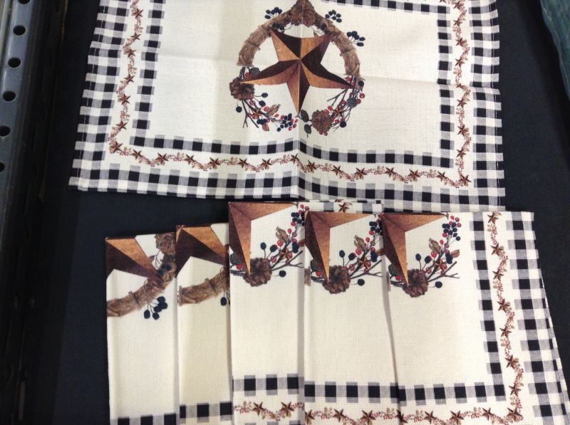 Photo 2 of Country Pentagram Cotton Linen Placemats - Set of 6Table Mats Heat Insulation Non-Slip Place Mat for Kitchen Dining Room Table Decor 13x19inch, Brown Star Wreath Berries Plaid