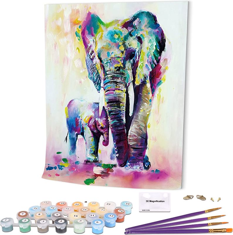 Photo 1 of SHUAXIN Paint by Numbers for Adults - DIY Full Set of Assorted Color Oil Painting Kit and Brush Accessories - Colorful Elephants Father-Son 16"x20"