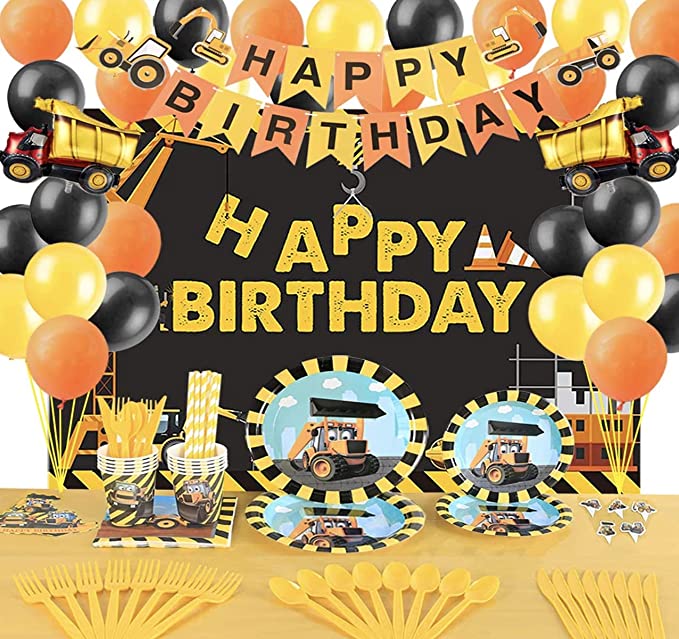 Photo 1 of Construction Party Supplies Set - Dump Truck Party Decorations for Boys - Birthday Banner, Balloons, Photo Booth Props, Backdrop, Cutlery and Tableware - Serves 18 Guests