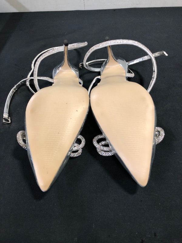 Photo 1 of ARQA Women's Rhinestone Ankle Strap Pumps Satin Stilettos Pointed Toe Stiletto Heels Backless Heeled Sandals for Wedding Dresses - Size 9
