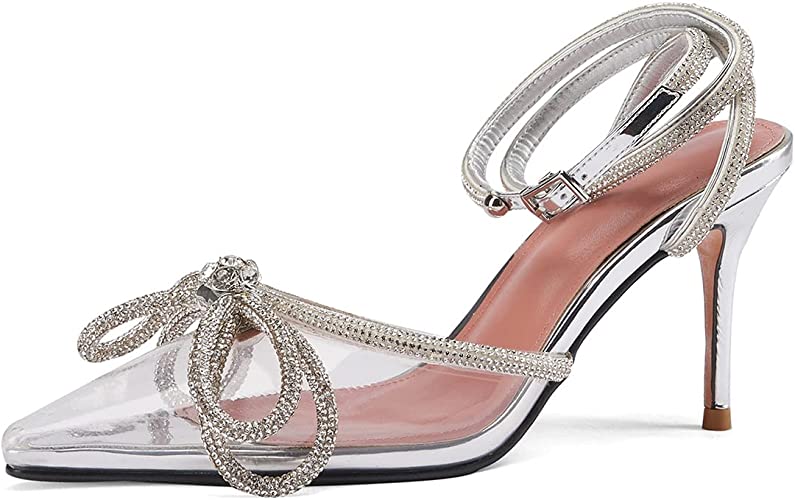 Photo 1 of ARQA Women's Rhinestone Ankle Strap Pumps Satin Stilettos Pointed Toe Stiletto Heels Backless Heeled Sandals for Wedding Dresses - Size 9
