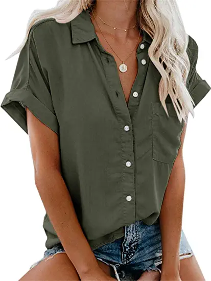 Photo 1 of Beautife Womens Short Sleeve Shirts V Neck Collared Button Down Shirt Tops with Pockets --- MEDIUM 
