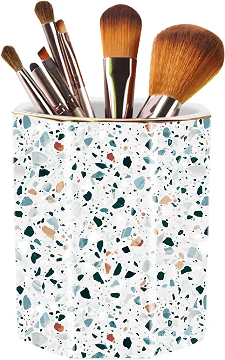 Photo 1 of LEAZUL Pen Holder, Makeup Brush Holder Ceramic Shiny Gold Terrazzo Marble Stone Pattern Pencil Cup for Girls Kids Women Durable Stand Desk Organizer Storage Gift for Office, Classroom, Home Light Blue
