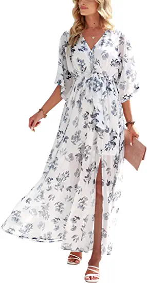 Photo 1 of ANRABESS Women’s Summer Loose Kimono Maxi Dress Wrap V Neck 3/4 Sleeve Floral Print Slit Long Dresses ---- XL 
