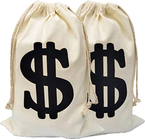 Photo 1 of 2pack Money Bags money bag costume money bag props money bags decor for party11.8 x 15.7 Inches Money Bag Dollar Sign Carrying Sack for Toy Party Favor, Bank Robber Pirate Cowboy Cosplay Theme Party
